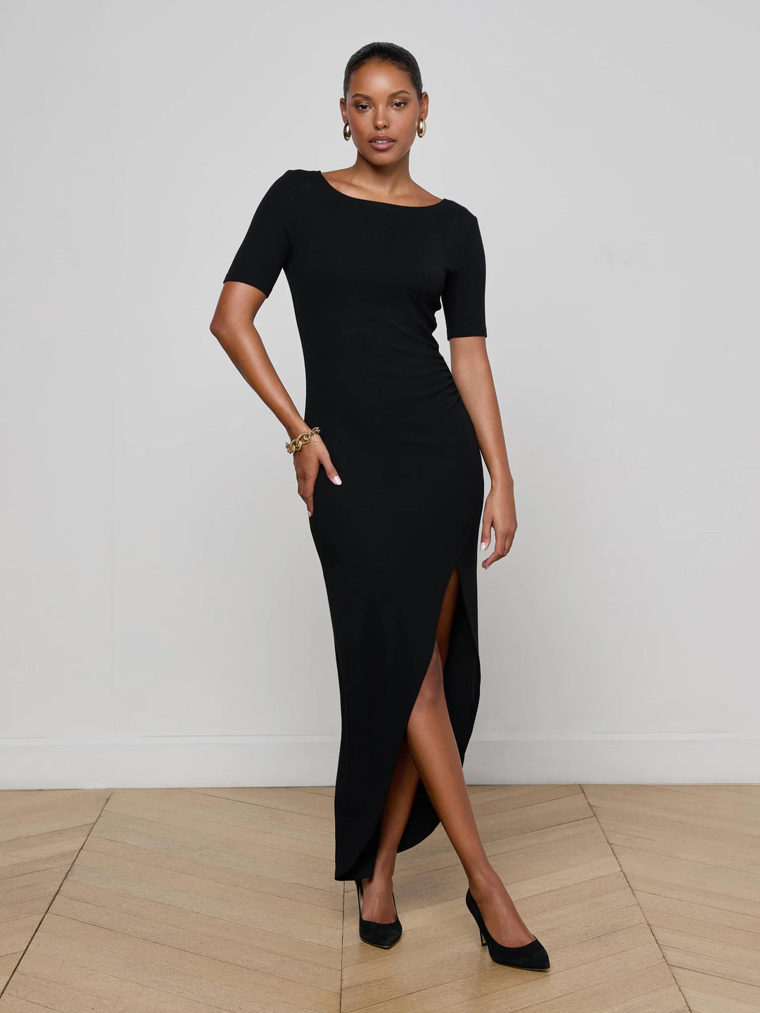 LENNON SHORT SLEEVE SIDE SLIT MAXI DRESS - L'AGENCE