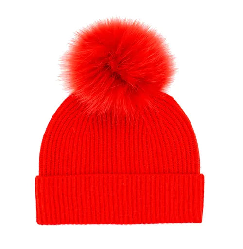 RIBBED CASHMERE HAT W/ FOX FUR POMPOM (RED) - MITCHIE'S