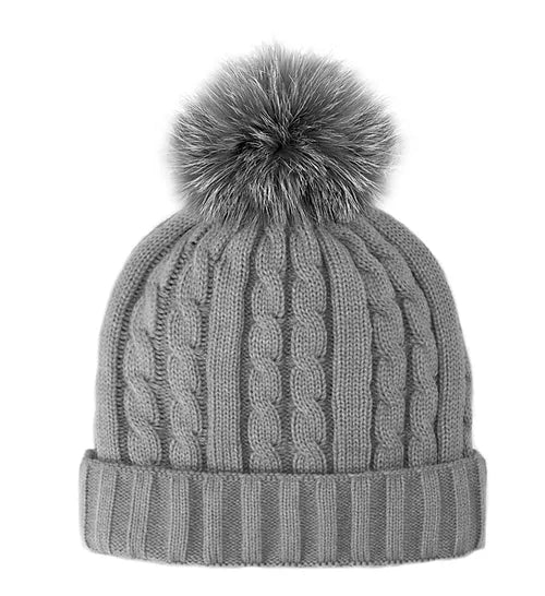 CABLE KNIT BEANIE W/ FOX FUR POMPOM (GREY) - MITCHIE'S