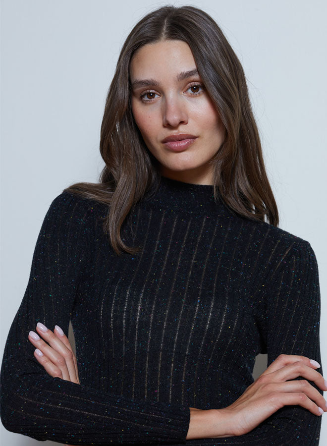 MOCK NECK W/ LADDER STITCH (BLACK) - AUTUMN CASHMERE