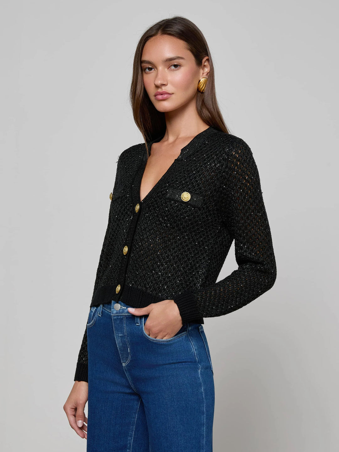 BLANCA SEQUIN CROP CARDIGAN (BLACK/GOLD) - L'AGENCE