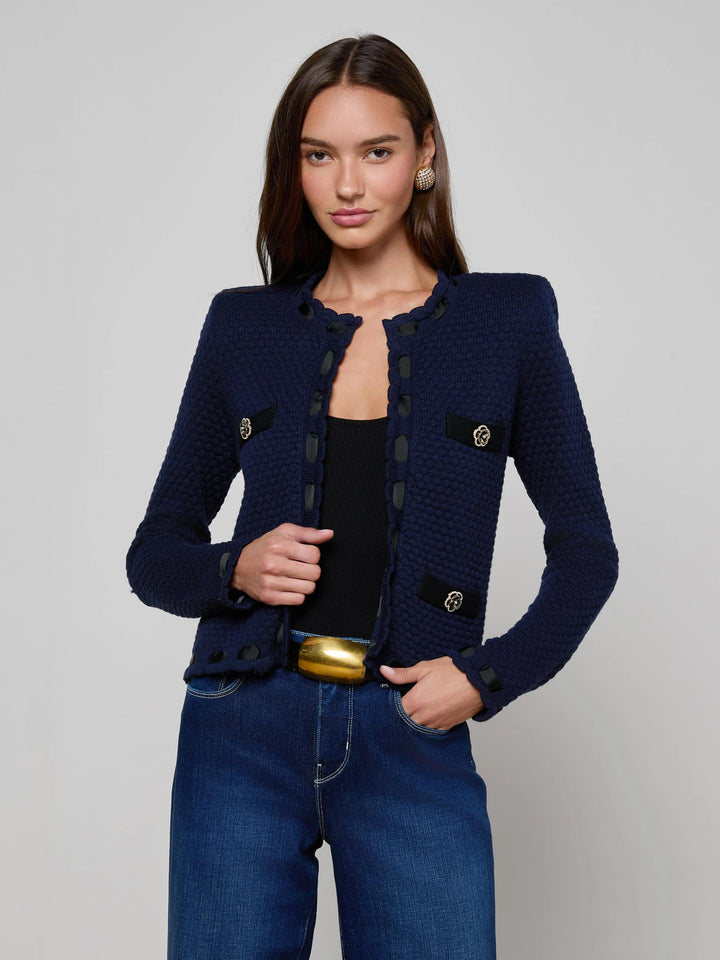 ASTOR CONTRAST TRIM CARDIGAN (MIDNIGHT/BLACK) - L'AGENCE