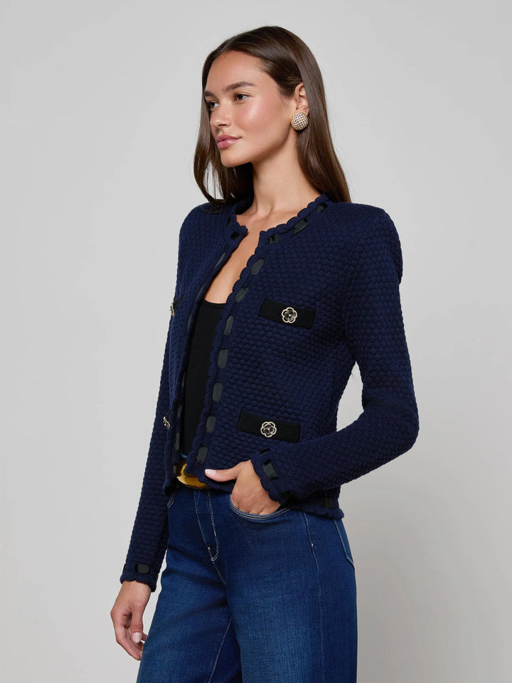 ASTOR CONTRAST TRIM CARDIGAN (MIDNIGHT/BLACK) - L'AGENCE