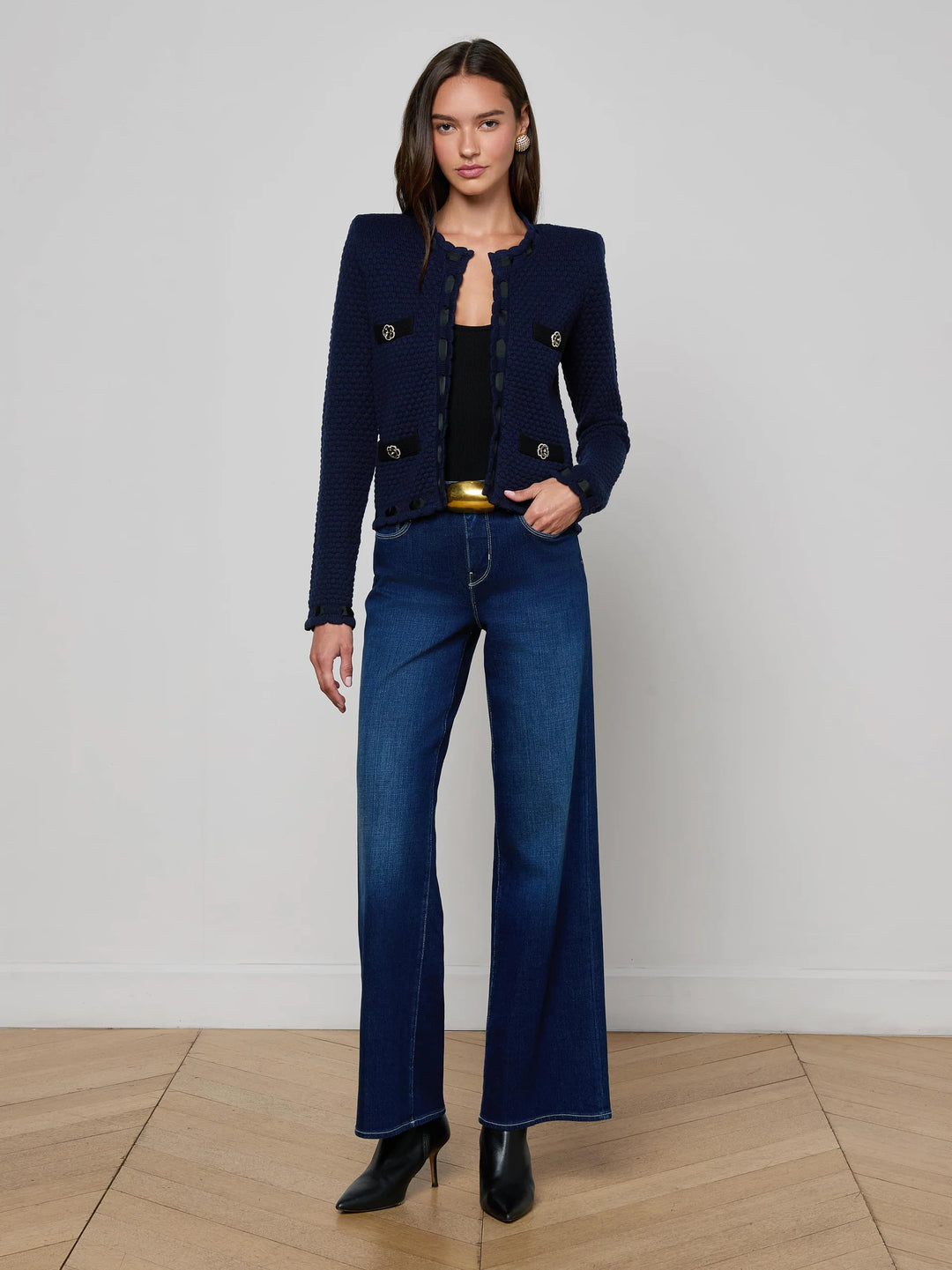 ASTOR CONTRAST TRIM CARDIGAN (MIDNIGHT/BLACK) - L'AGENCE