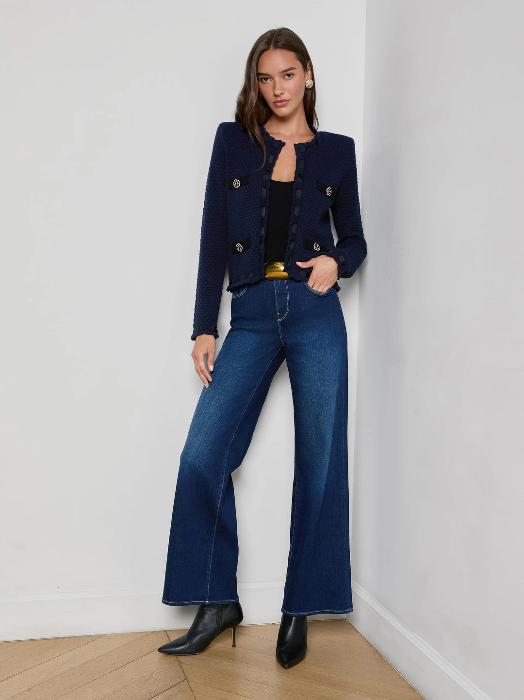 ASTOR CONTRAST TRIM CARDIGAN (MIDNIGHT/BLACK) - L'AGENCE