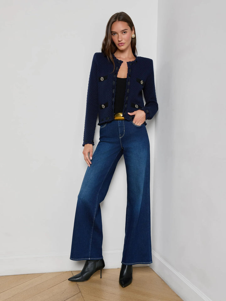 ASTOR CONTRAST TRIM CARDIGAN (MIDNIGHT/BLACK) - L'AGENCE