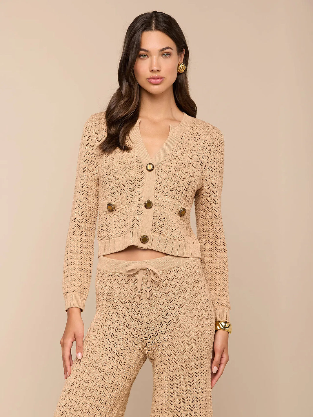 ORLA POINTELLE KNIT CARDIGAN (LIGHT CAPPUCCINO/GOLD) - L'AGENCE