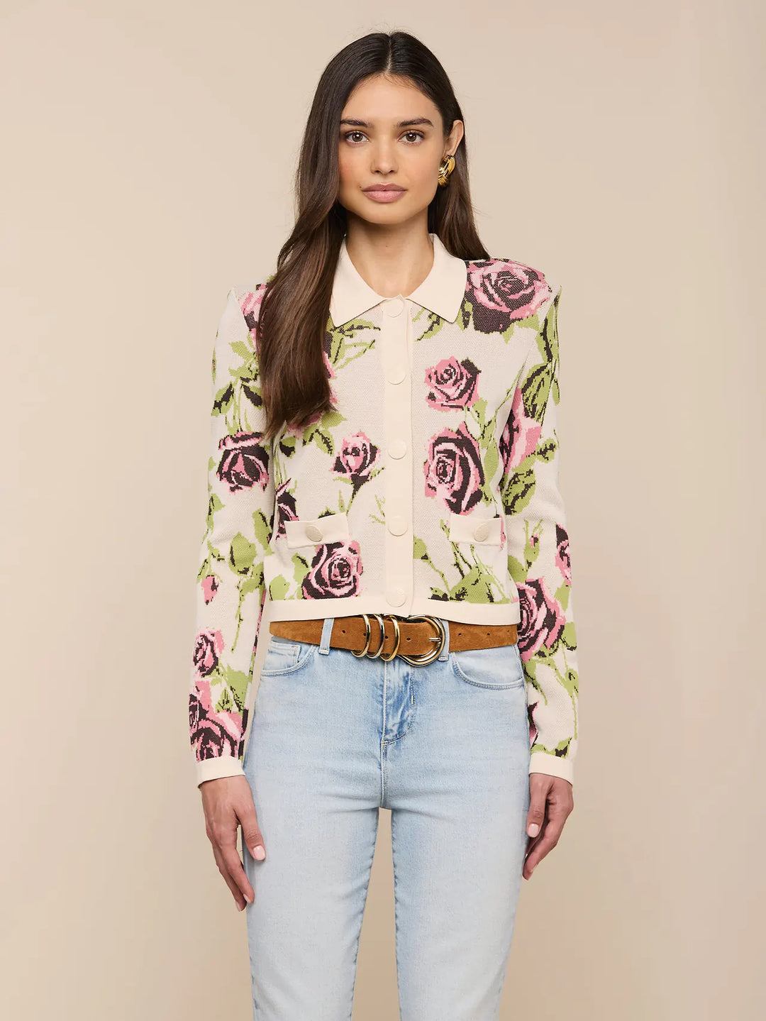 OSIRIS JACQUARD COLLARED CARDIGAN (ECRU ROMANTIC ROSE) - L'AGENCE
