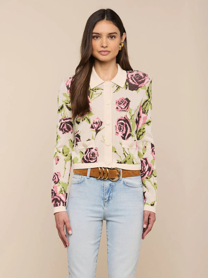 OSIRIS JACQUARD COLLARED CARDIGAN (ECRU ROMANTIC ROSE) - L'AGENCE