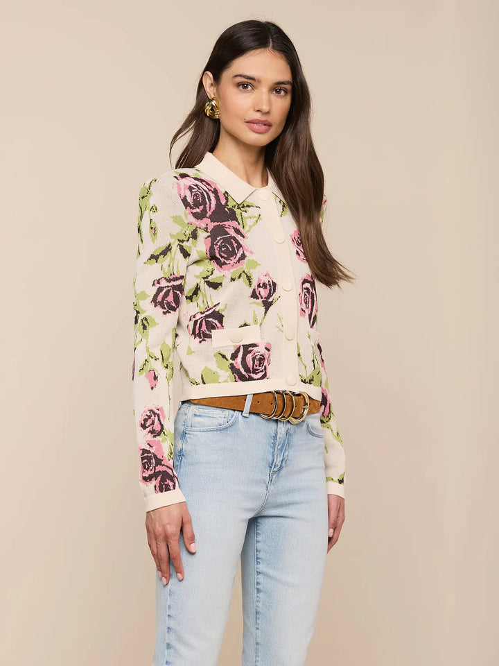 OSIRIS JACQUARD COLLARED CARDIGAN (ECRU ROMANTIC ROSE) - L'AGENCE
