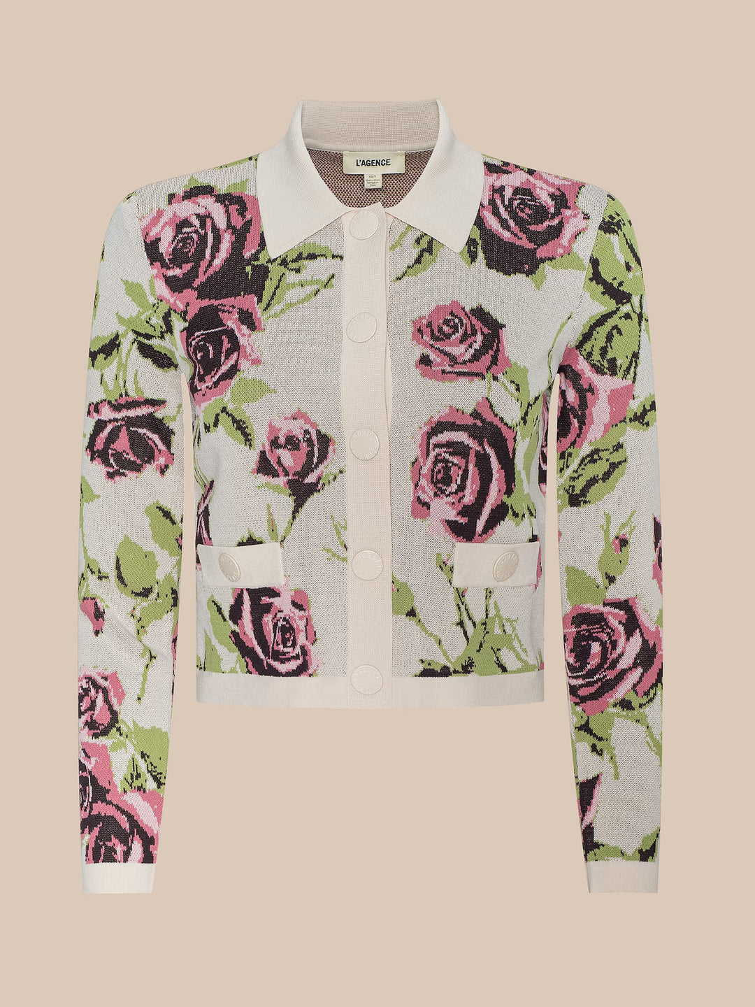 OSIRIS JACQUARD COLLARED CARDIGAN (ECRU ROMANTIC ROSE) - L'AGENCE