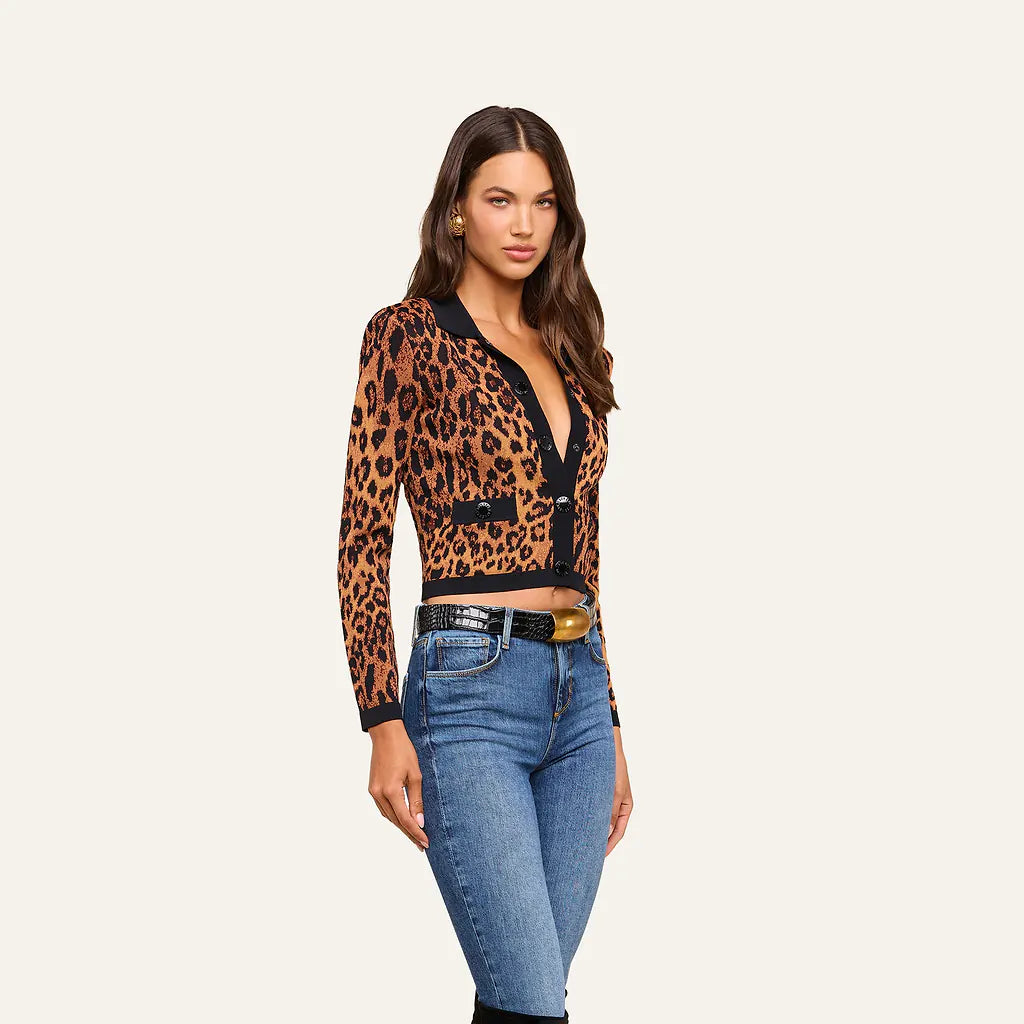 OSIRIS JACQUARD COLLARED CARDIGAN (TAN JAVAN LEOPARD) - L'AGENCE