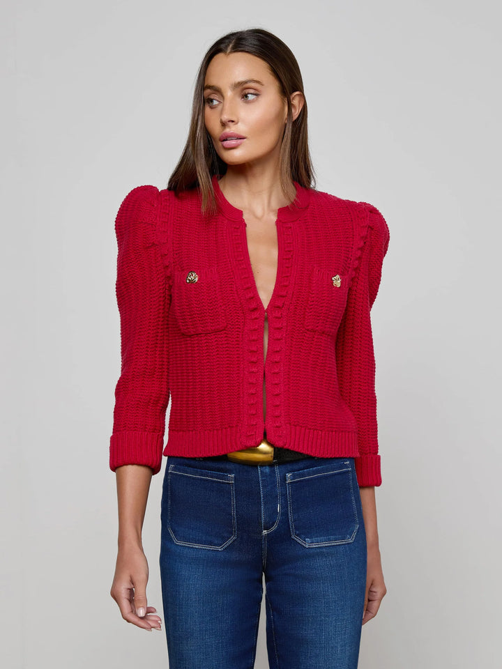 DELLI CROPPED 3/4 SLEEVE CARDIGAN (ENGINE RED) - L'AGENCE