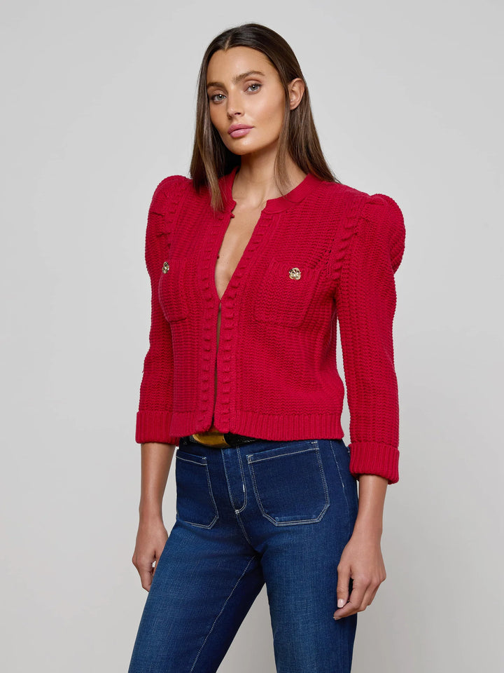 DELLI CROPPED 3/4 SLEEVE CARDIGAN (ENGINE RED) - L'AGENCE