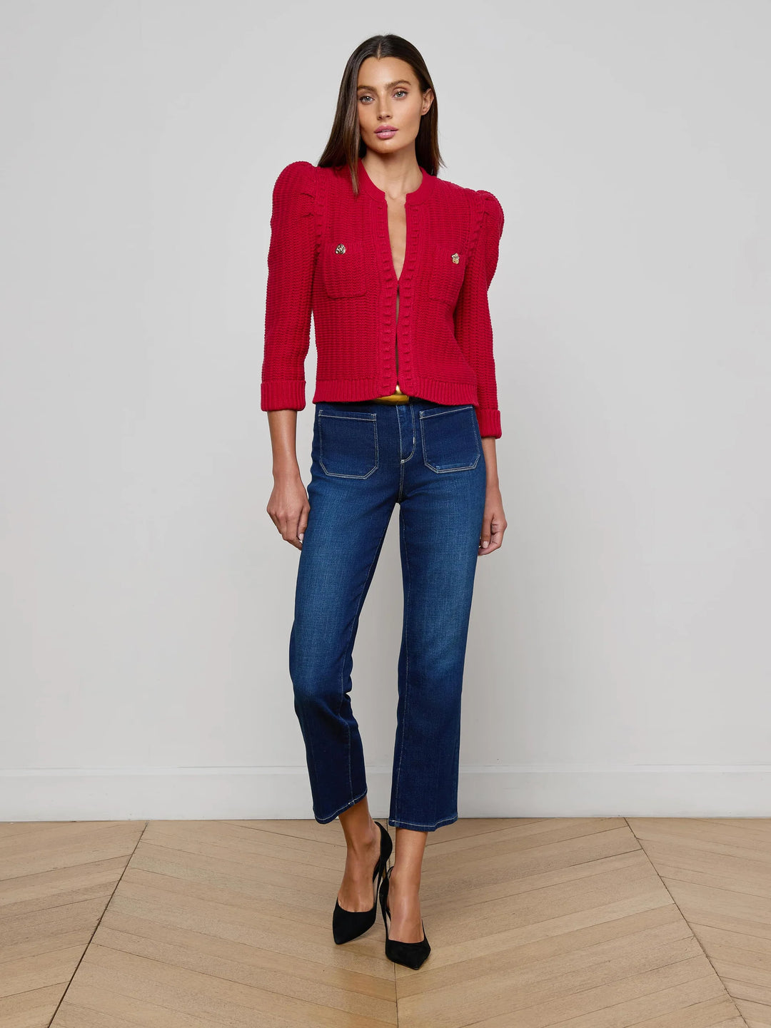DELLI CROPPED 3/4 SLEEVE CARDIGAN (ENGINE RED) - L'AGENCE