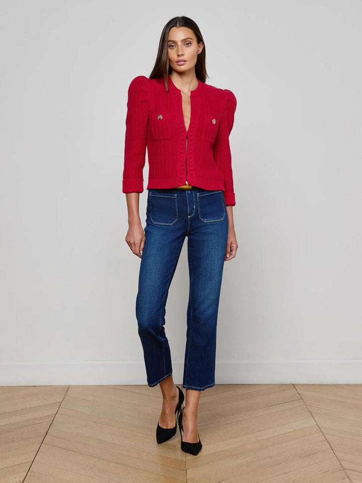 DELLI CROPPED 3/4 SLEEVE CARDIGAN (ENGINE RED) - L'AGENCE