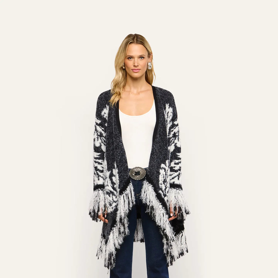 NAIAD JACQUARD FRINGE CARDIGAN (BLACK/IVORY JACQUARD) - L'AGENCE