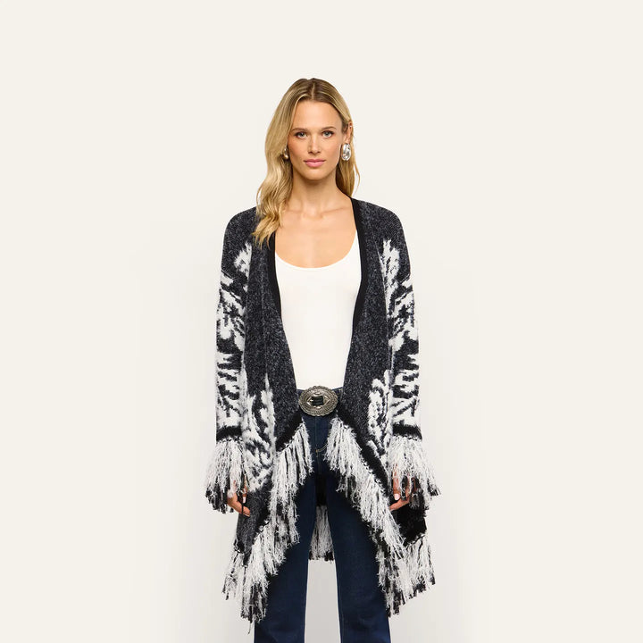 NAIAD JACQUARD FRINGE CARDIGAN (BLACK/IVORY JACQUARD) - L'AGENCE