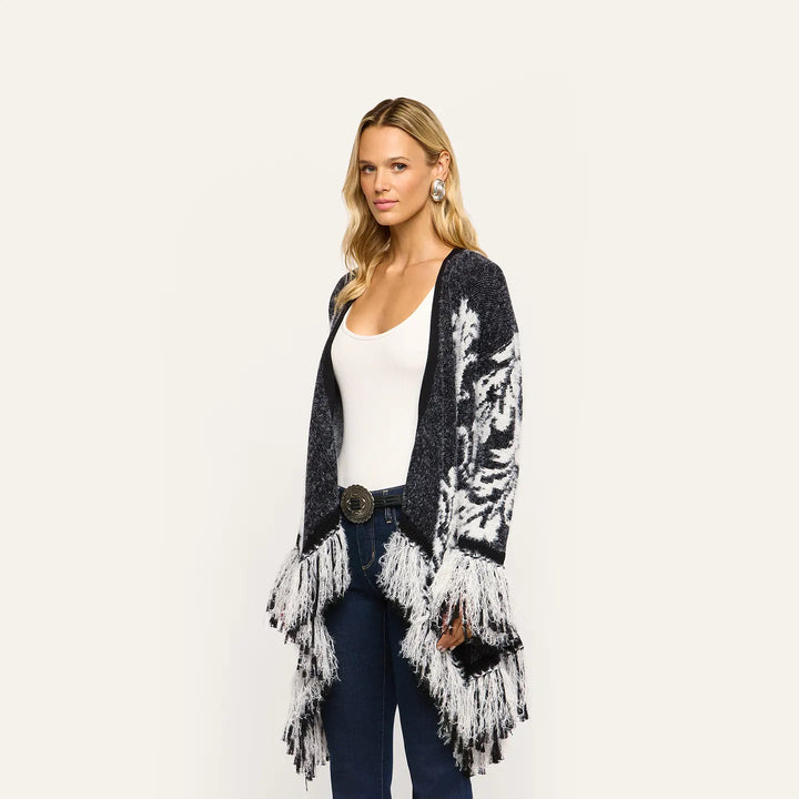 NAIAD JACQUARD FRINGE CARDIGAN (BLACK/IVORY JACQUARD) - L'AGENCE