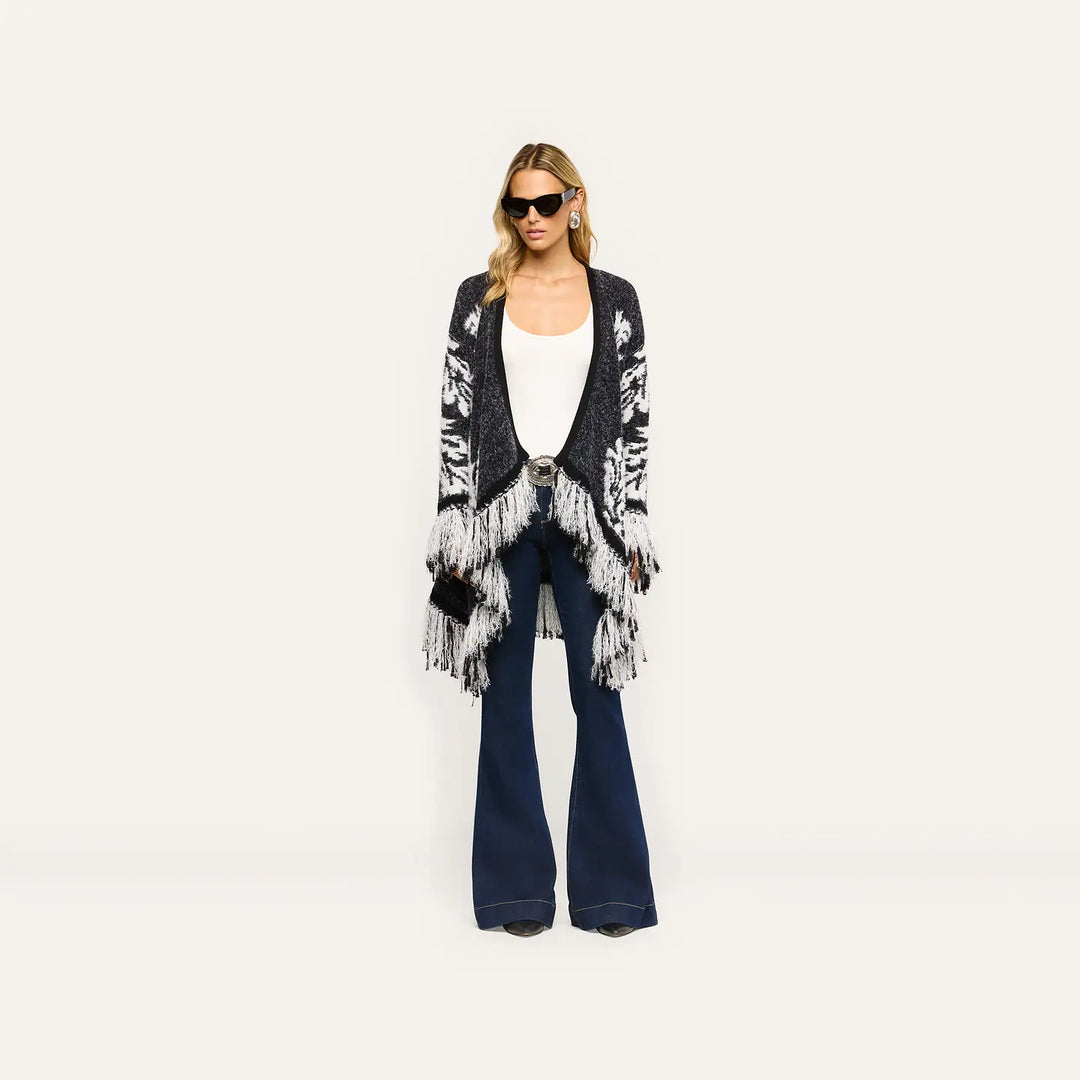 NAIAD JACQUARD FRINGE CARDIGAN (BLACK/IVORY JACQUARD) - L'AGENCE