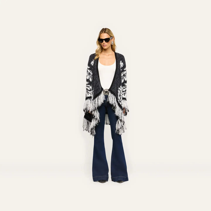 NAIAD JACQUARD FRINGE CARDIGAN (BLACK/IVORY JACQUARD) - L'AGENCE