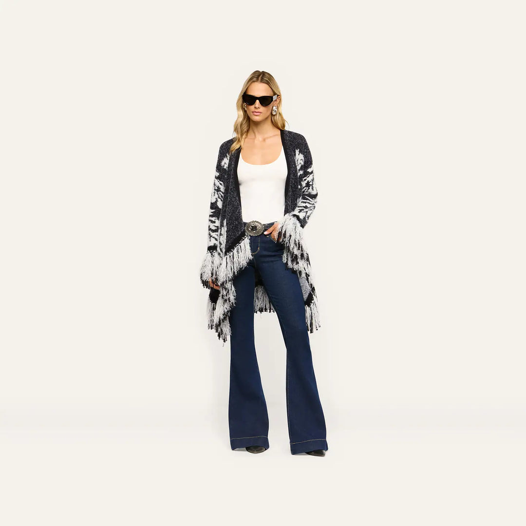 NAIAD JACQUARD FRINGE CARDIGAN (BLACK/IVORY JACQUARD) - L'AGENCE