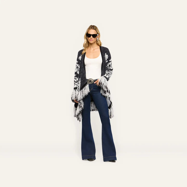 NAIAD JACQUARD FRINGE CARDIGAN (BLACK/IVORY JACQUARD) - L'AGENCE