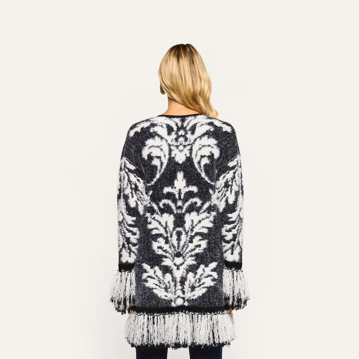 NAIAD JACQUARD FRINGE CARDIGAN (BLACK/IVORY JACQUARD) - L'AGENCE