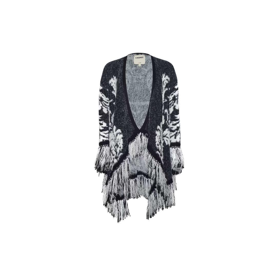NAIAD JACQUARD FRINGE CARDIGAN (BLACK/IVORY JACQUARD) - L'AGENCE