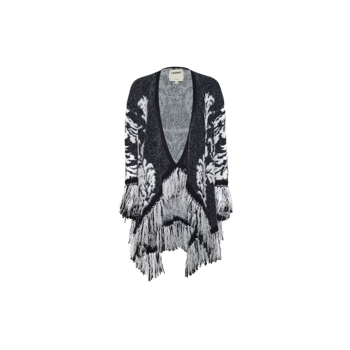 NAIAD JACQUARD FRINGE CARDIGAN (BLACK/IVORY JACQUARD) - L'AGENCE