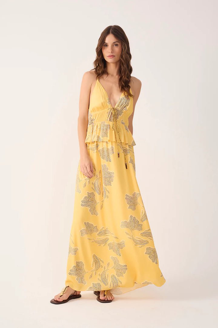 DRAWSTRING RUFFLE MAXI DRESS (YELLOW LAKE) - DRESS TO