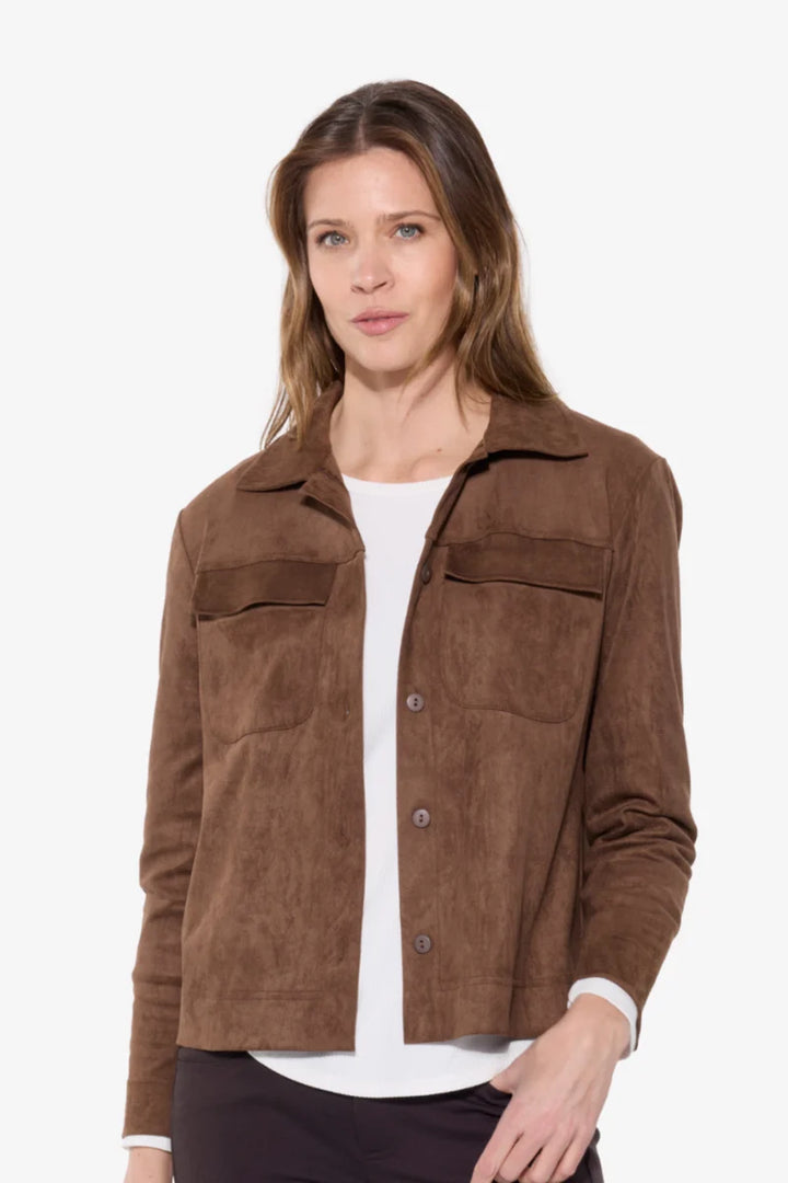 CROPPED SUEDE SHIRT JACKET (DARK CHOCOLATE) - BRENDA BEDDOME
