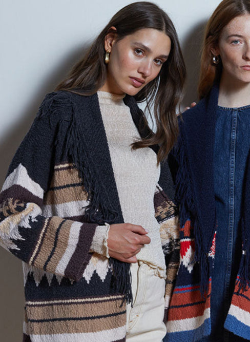 SOUTHWEST FRINGE SHAWL COLLAR WRAP (COCOA NEUTRAL) - AUTUMN CASHMERE