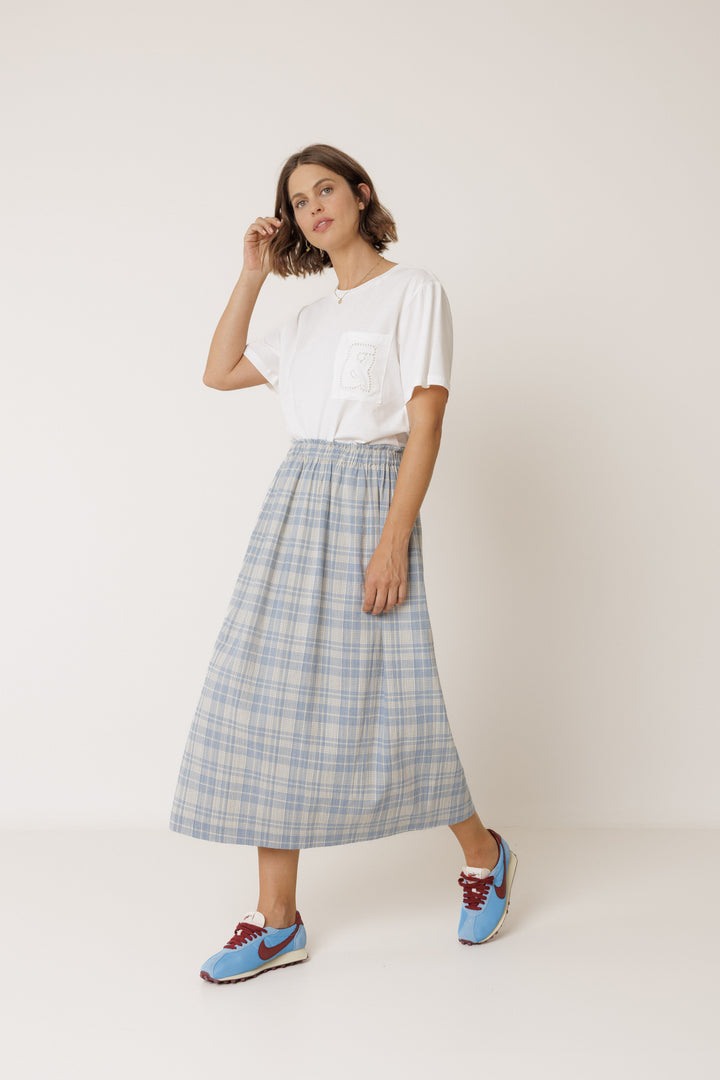 GINGHAM SMOCKED WAIST MIDI SKIRT (AZUL BRITANICO) - INDI&COLD