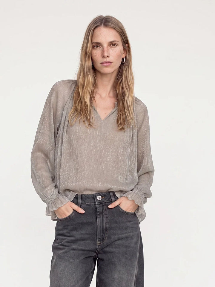 XIMENA GLAM V-NECK BLOUSE (MOURNING DOVE) - MOS MOSH