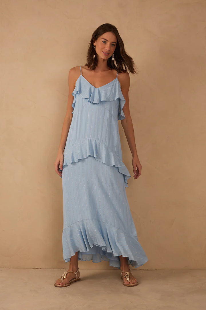 RUFFLED LUREX MAXI DRESS (SKY BLUE) - DRESS TO