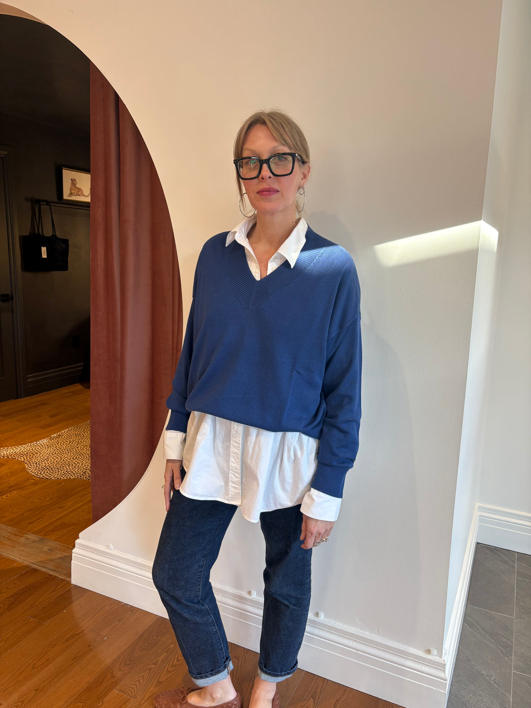 V-NECK COTTON BLEND KNITTED PULLOVER (BLUE) - REPEAT