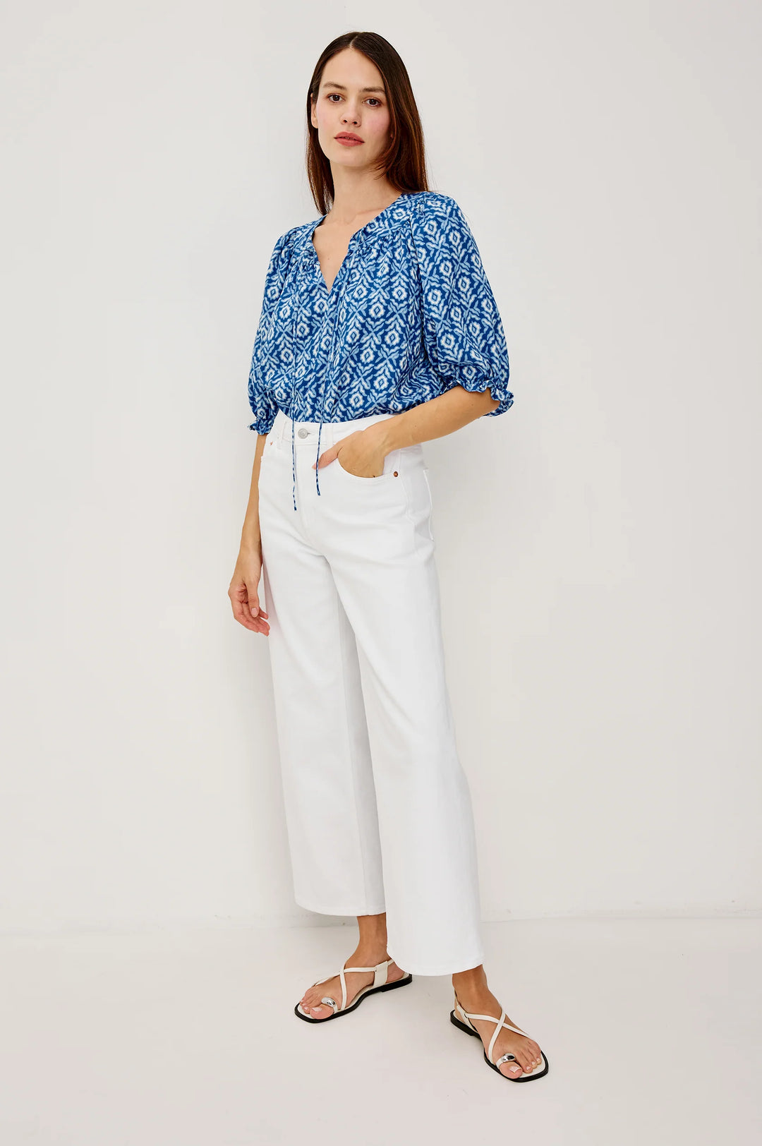 BELINA POPLIN TOP (BLUE IKAT) - RAILS