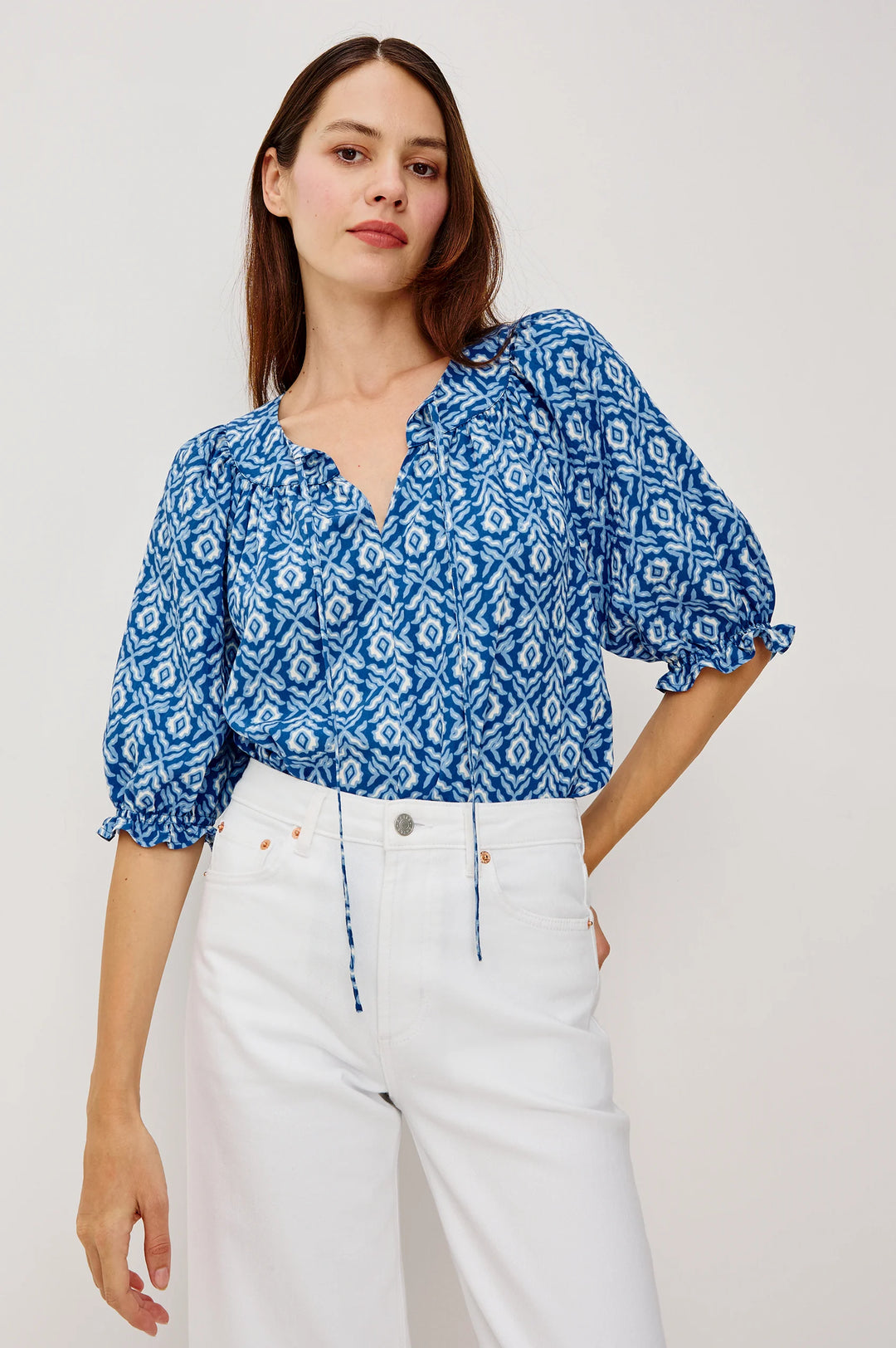 BELINA POPLIN TOP (BLUE IKAT) - RAILS