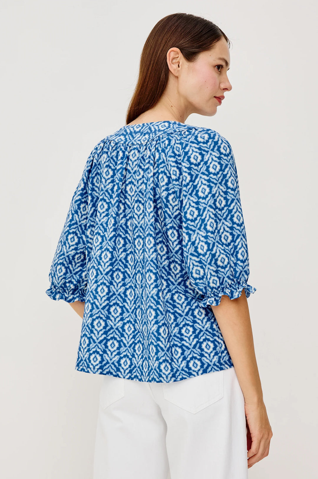 BELINA POPLIN TOP (BLUE IKAT) - RAILS