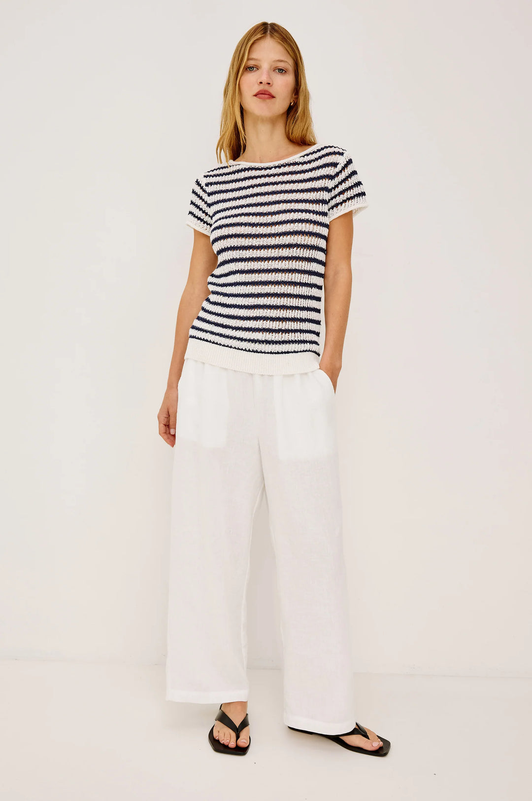 CADY LINEN-BLEND KNIT TOP (IVORY INDIGO STRIPE) - RAILS