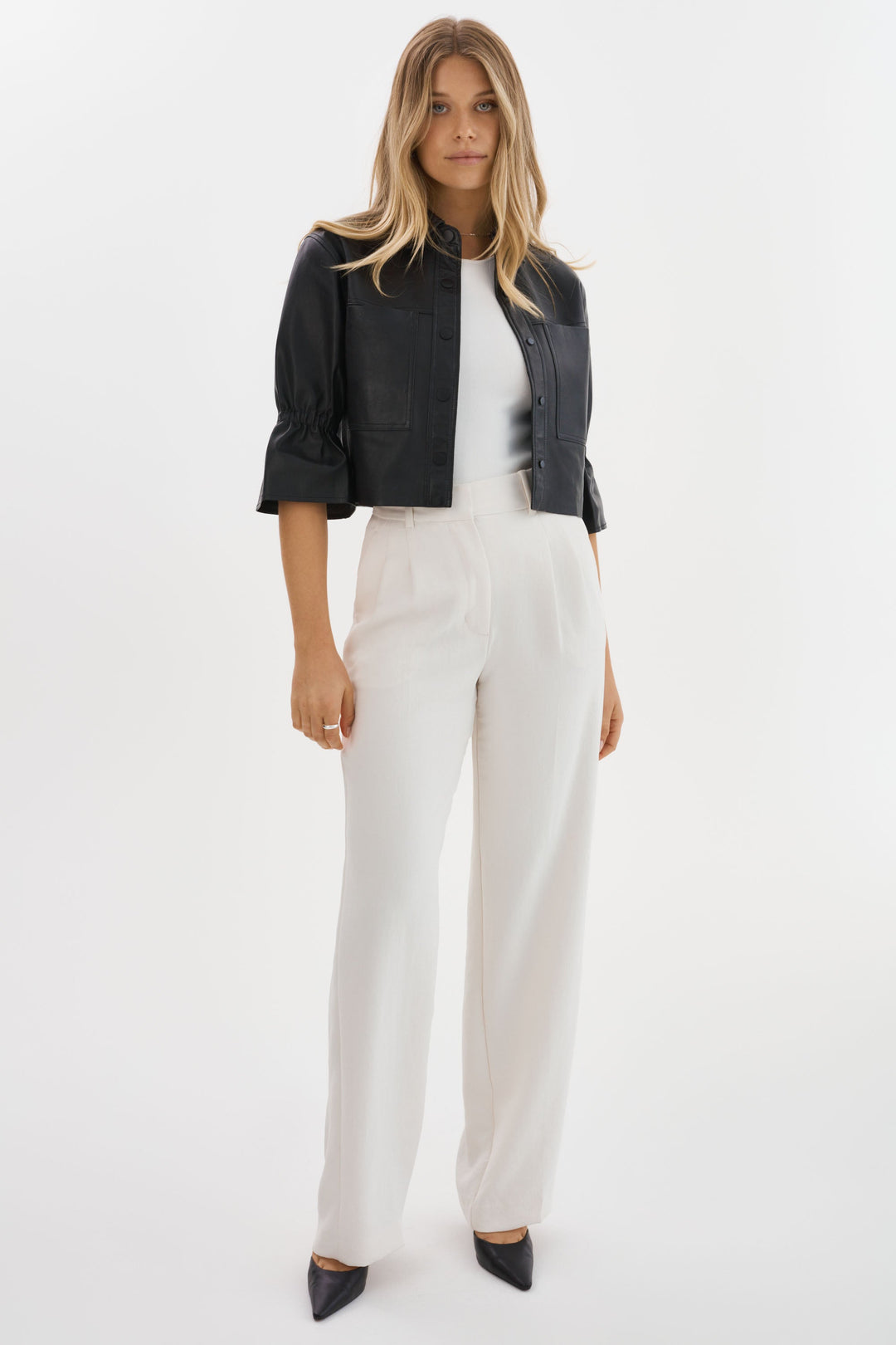 CAROLINA RUFFLE SLEEVE LEATHER JACKET (BLACK) - LAMARQUE