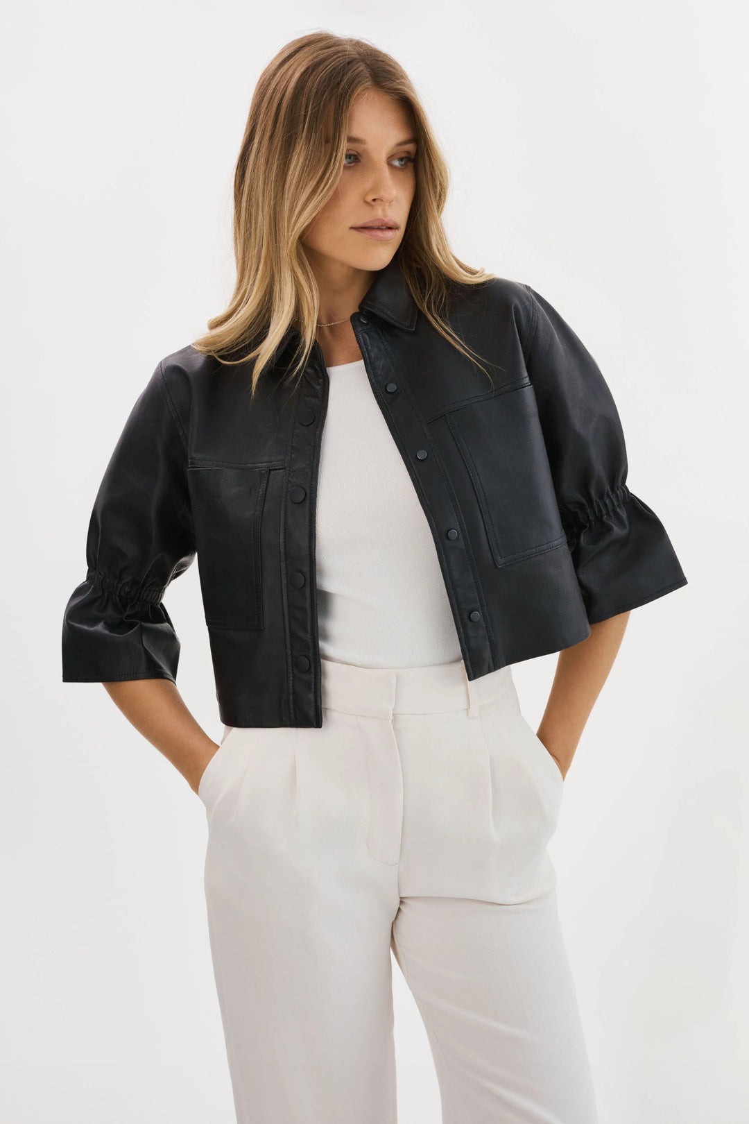 CAROLINA RUFFLE SLEEVE LEATHER JACKET (BLACK) - LAMARQUE