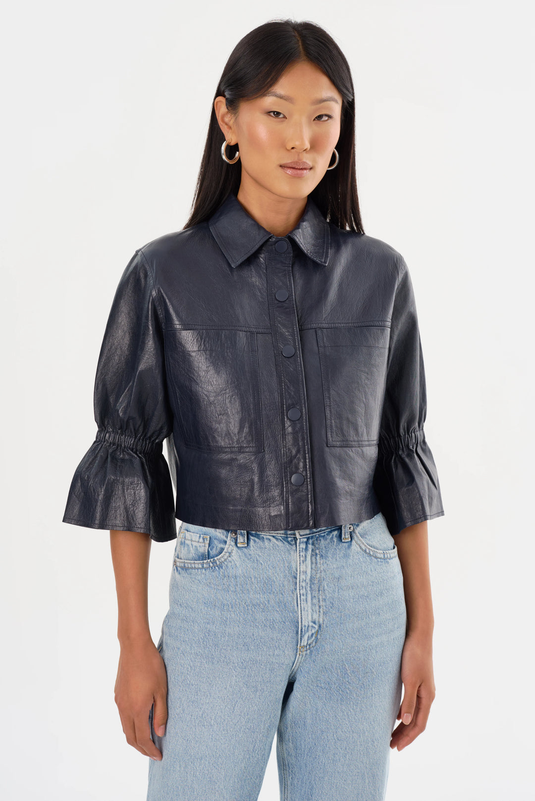 CAROLINA RUFFLE SLEEVE LEATHER JACKET (NAVY) - LAMARQUE