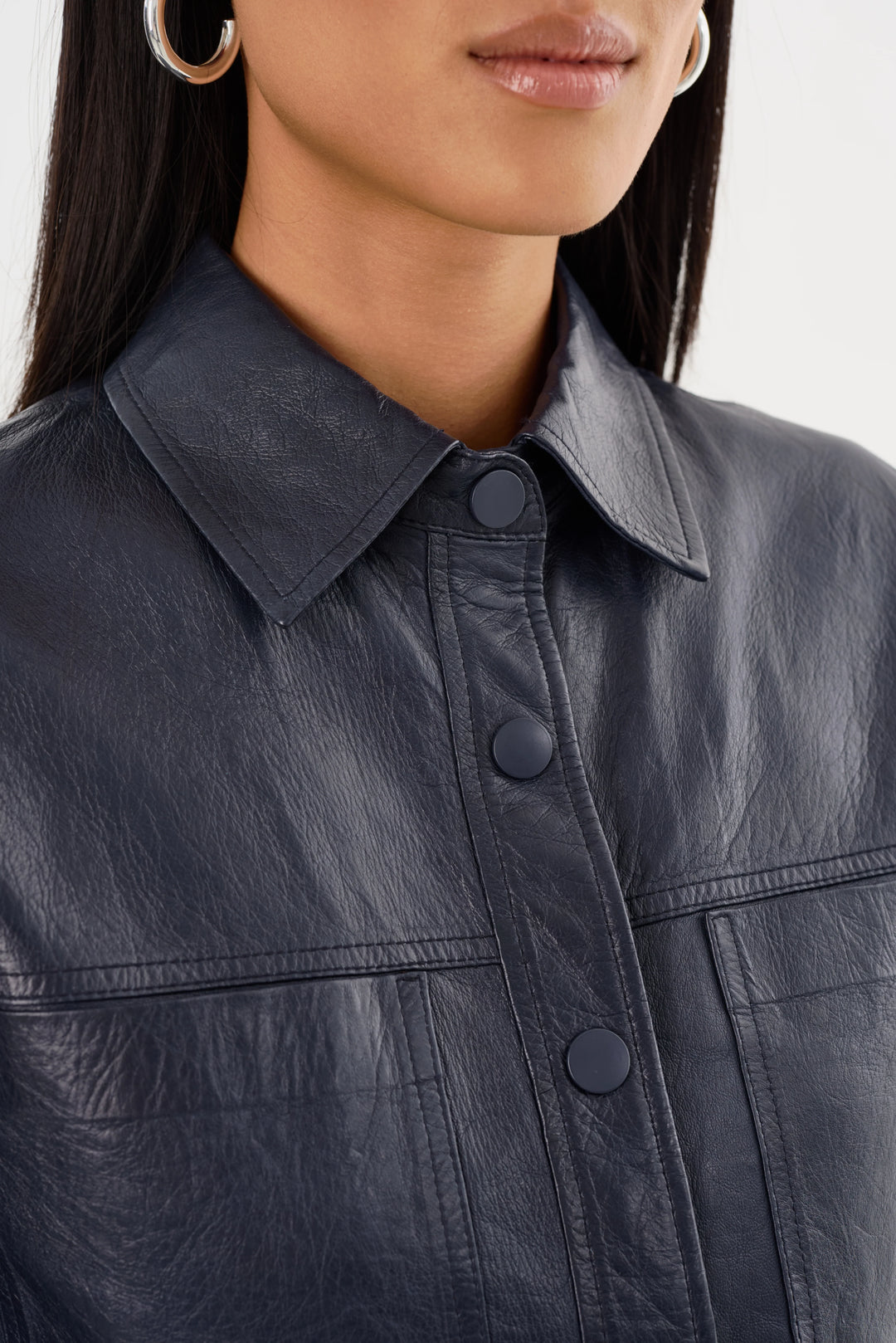 CAROLINA RUFFLE SLEEVE LEATHER JACKET (NAVY) - LAMARQUE