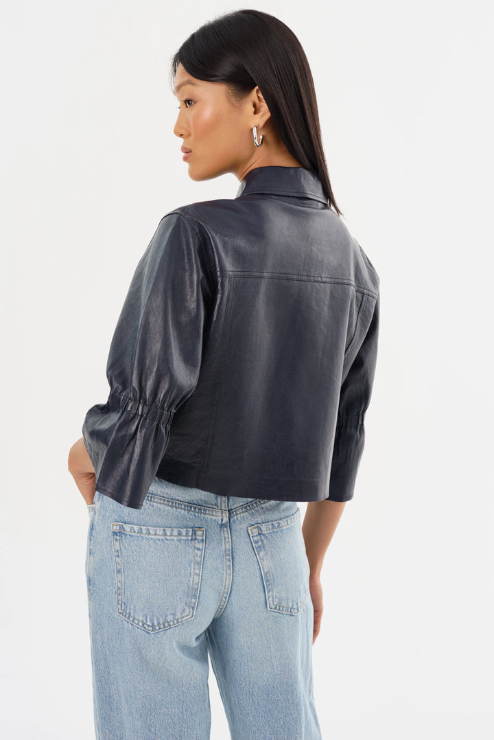 CAROLINA RUFFLE SLEEVE LEATHER JACKET (NAVY) - LAMARQUE