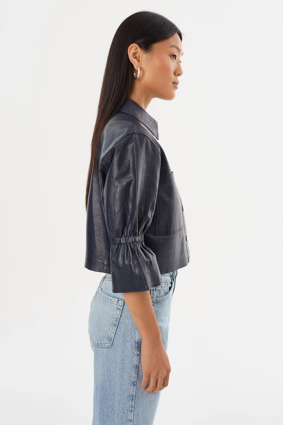 CAROLINA RUFFLE SLEEVE LEATHER JACKET (NAVY) - LAMARQUE