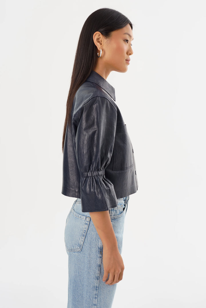CAROLINA RUFFLE SLEEVE LEATHER JACKET (NAVY) - LAMARQUE