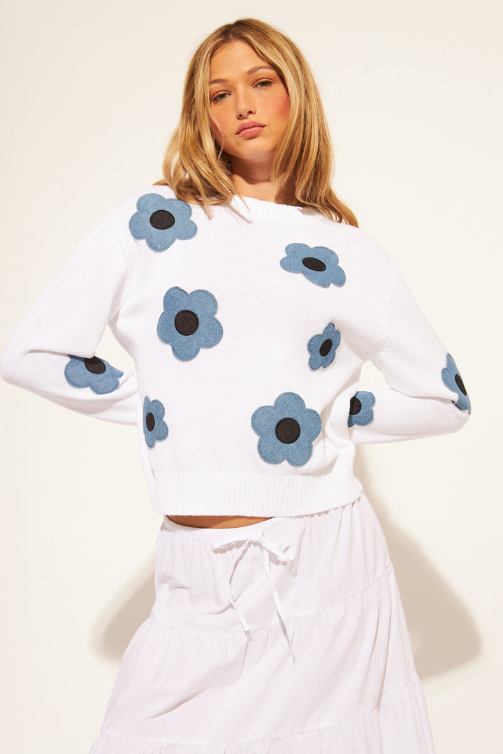 CASPER DENIM FLOWER SWEATER (JEAN GARDEN) - JOHN+JENN