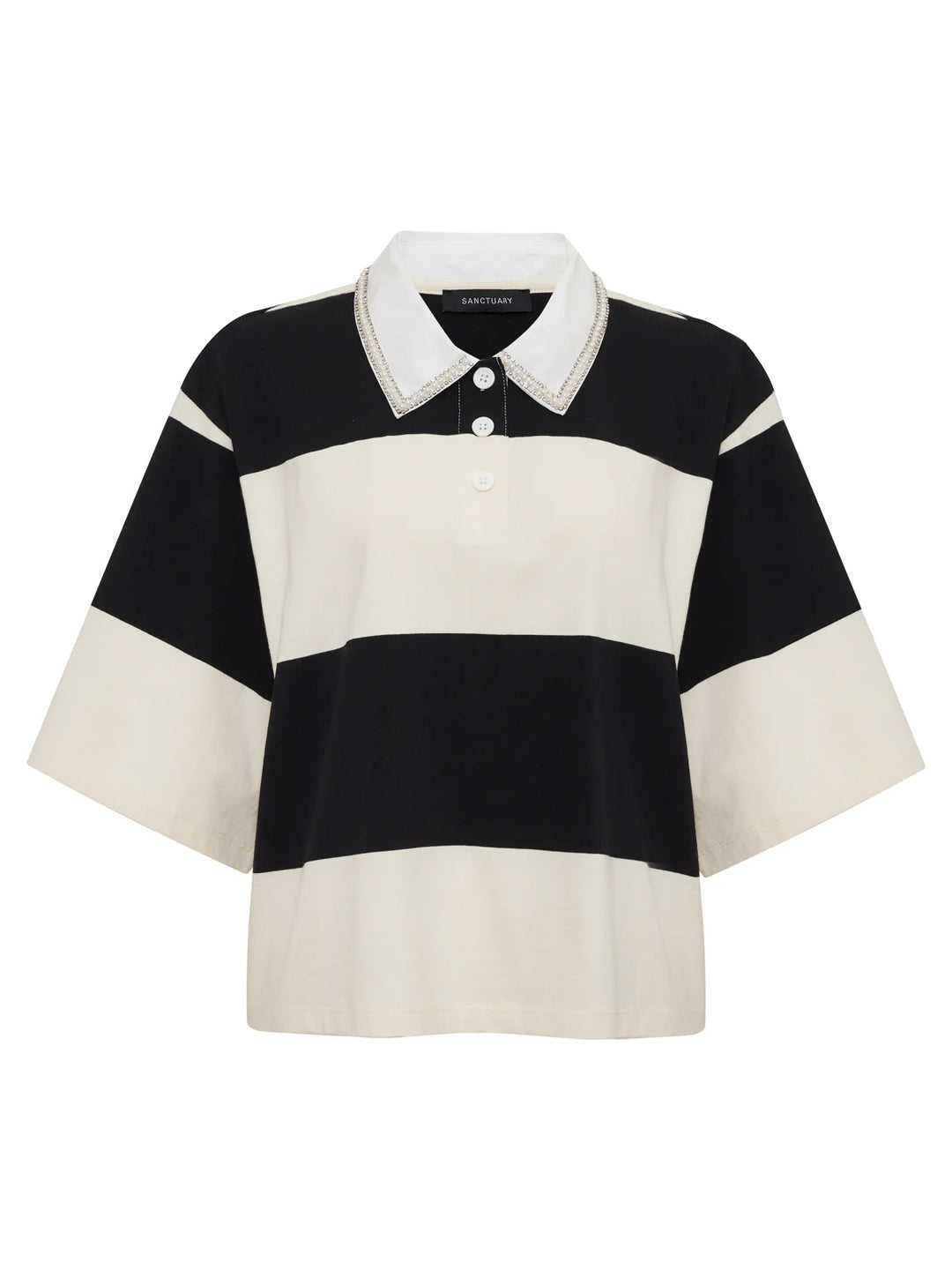 EMBELLISHED POLO TEE (COLLAGEN/BLACK STRIPE) - SANCTUARY